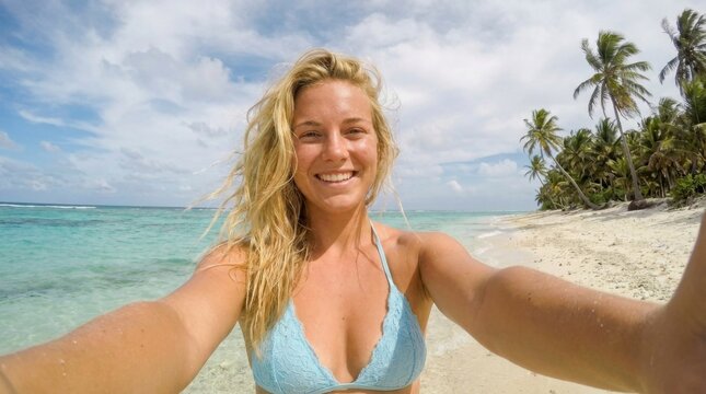 Smiling young woman in blue bikini taking a selfie on a tropical beach with palm trees and turquoise ocean, concept of tropical vacation and happiness
