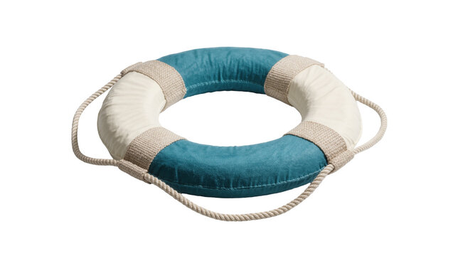 Blue and white life preserver ring with rope, isolated on transparent background