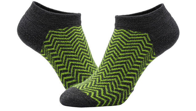 Pair of grey ankle socks with lime green chevron pattern, isolated on transparent background