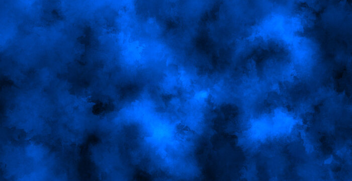 Blue misty fog background, realistic smoke cloud on black backdrop
