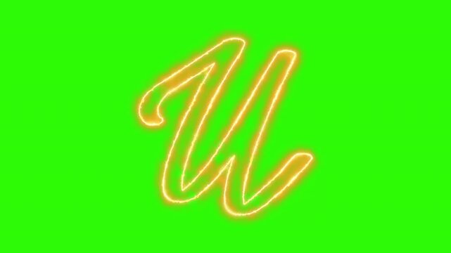 Glowing neon letter u animation on green screen, hand-drawn script alphabet character for motion