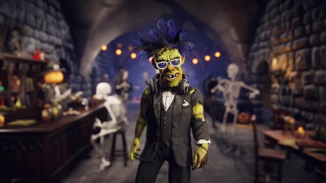 Funny drunken Frankenstein swaying at Halloween party in gothic dungeon pub with dancing skeletons and zombies on background, 3D render
