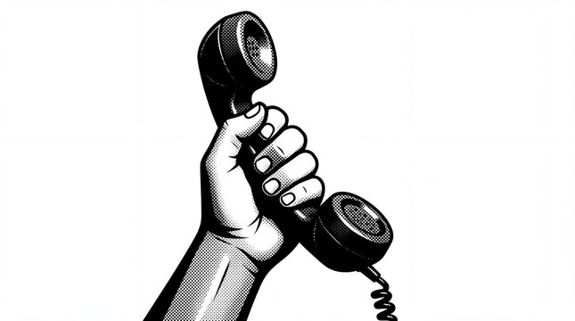 A black and white pop art style illustration of a hand holding a vintage telephone receiver.