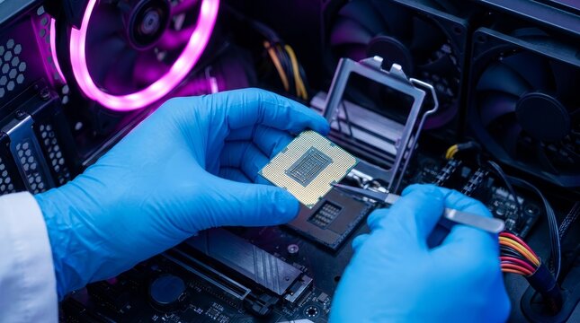 Electronic engineering specialist performing computer repair and hardware installation.