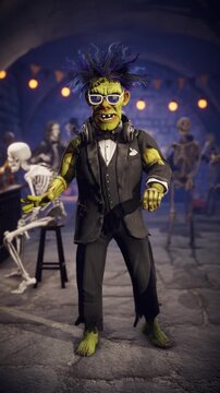 Spooky Frankenstein monster celebrating Halloween in ancient stone crypt bar with creepy skeletons, 3D render