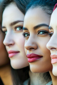 Group of women wearing headscarves and scarves, various styles and colors. vertical frame