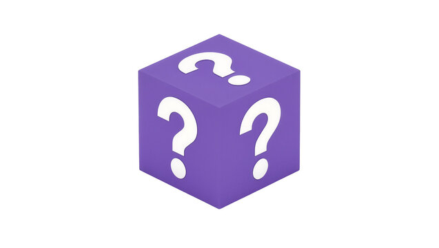 Purple cube with white question marks, isolated on transparent background