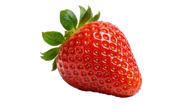 Ripe red strawberry with green leaves, isolated on transparent background