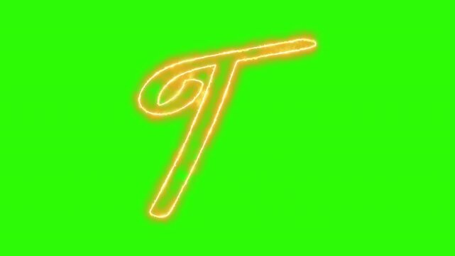 Animated neon letter t glowing script alphabet character on green screen typography