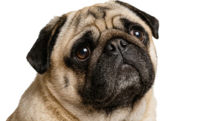 Obraz premium Close-up portrait of a fawn pug dog face with wrinkled skin, isolated on transparent background