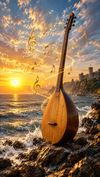 A traditional saz stands on a rocky seashore as glowing musical notes swirl through a dramatic golden sunset.