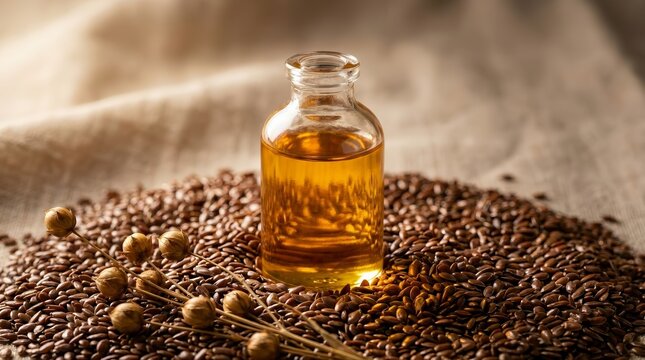 Healthy superfood flaxseed oil and organic brown linen seeds with dried flax blossoms.