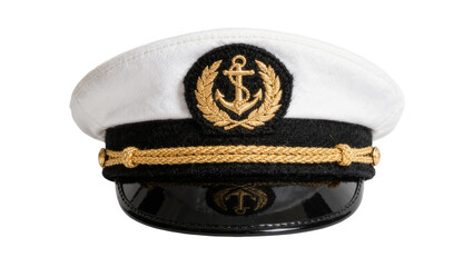 White captain hat with gold anchor emblem and black band, isolated on transparent background © Mia