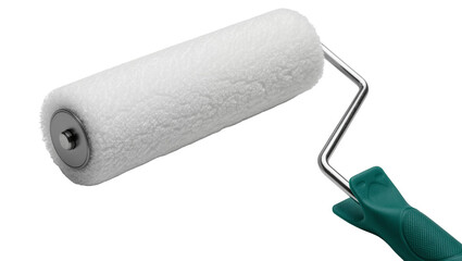 Obraz premium Fluffy white paint roller with metal frame and green handle, isolated on transparent background