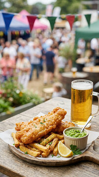 Beer with fish and chip served on wooden board. Traditional pub meal at outdoor food festival. Summer street carnival catering, casual dining lifestyle, culinary leisure concept.