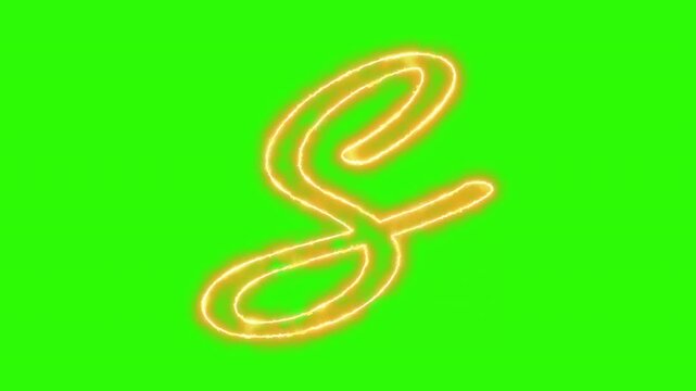 Animated neon letter s glowing script alphabet on green screen, hand-drawn glowing calligraphy character for motion and editing