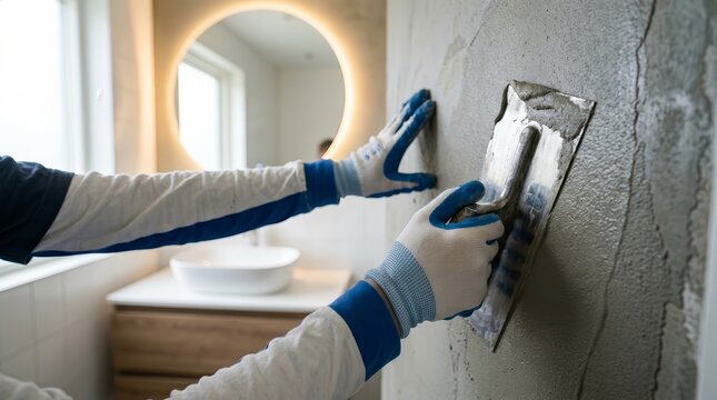 Professional construction worker using a trowel to apply microcement on a wall.