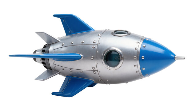Retro silver rocket ship with blue fins and nose cone, isolated on transparent background