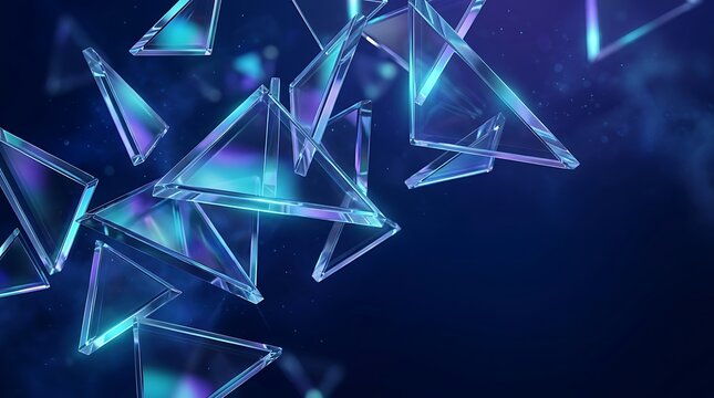 Glass morphism background with floating triangles and blue purple hues