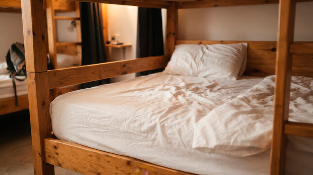 Cozy wooden bunk bed with unmade bedding and warm interior lighting. Wooden structure showcases inviting, relaxed atmosphere with simple decor and comfortable linens.