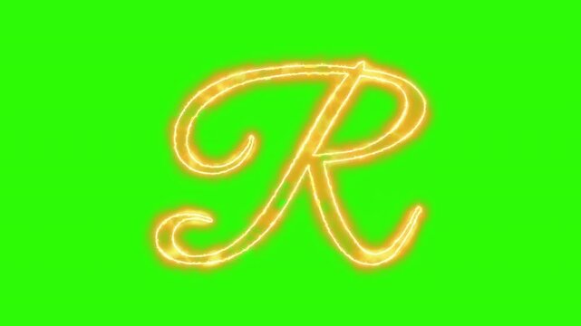 Glowing neon letter r animation on green screen, cursive alphabet character for motion