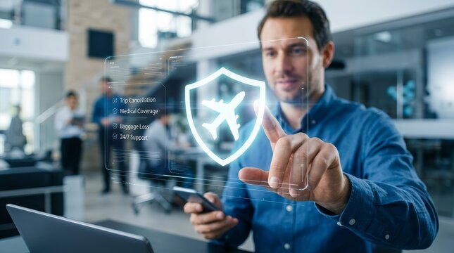 Digital insurance services featuring an airplane shield icon for secure travel planning and medical coverage.