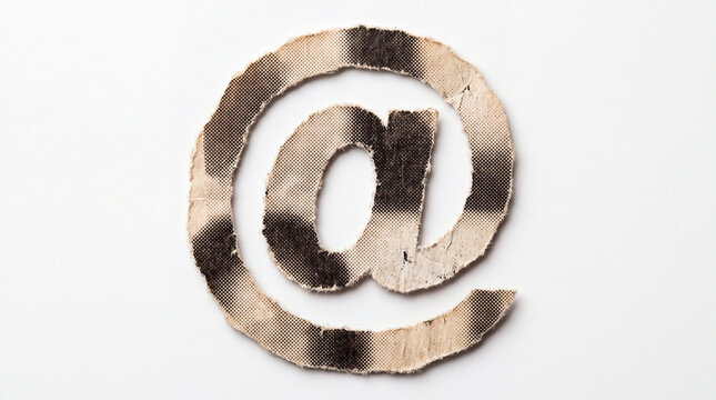 A close-up of a handmade at symbol crafted from torn paper, featuring a distressed texture and a halftone pattern.