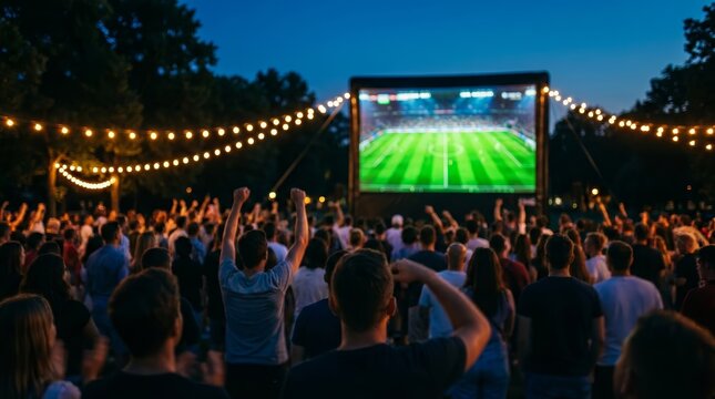 People gathering in a park to watch a football game on a big display with festive string lights.