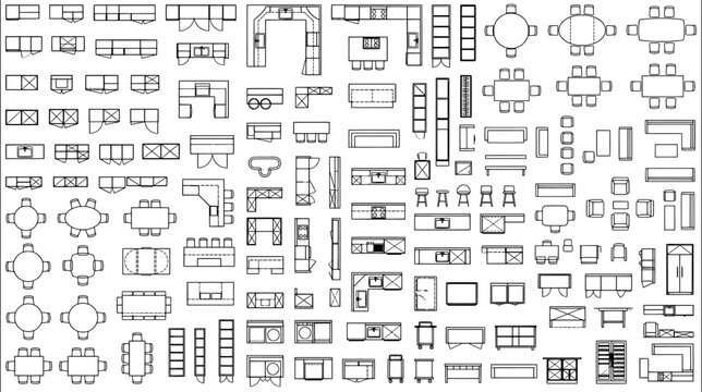 Kitchen and dining room furniture top view icons set, architectural floor plan symbols collection