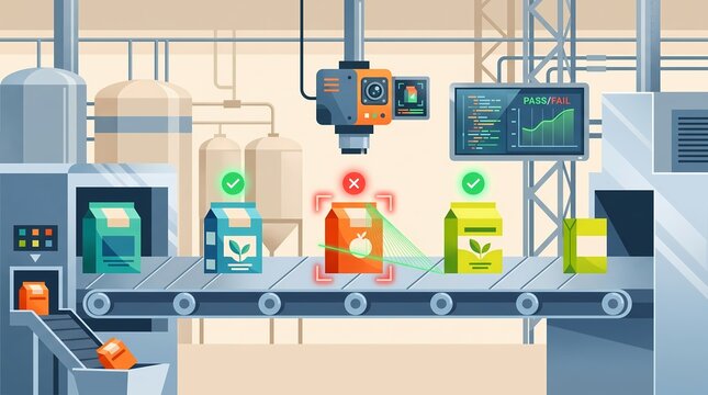 food quality ai inspection and automated packaging conveyor belt flat illustration - ai generated