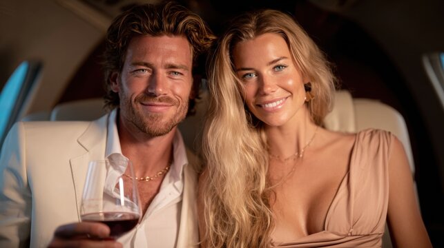 A couple enjoys a glass of red wine in the luxurious cabin of a private jet, bathed in soft lighting.
Elegant individuals within the cozy atmosphere of the cabin create a sense of comfort and style.