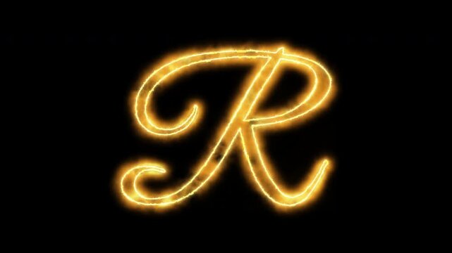 Golden glowing letter r animation, calligraphy script with fire particle effects on black background
