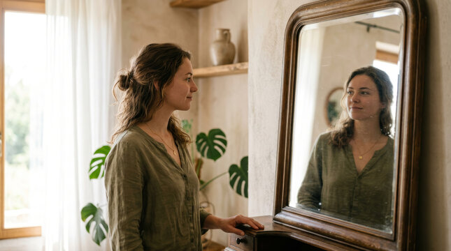 Woman looking at her reflection in an antique mirror in a sunlit room