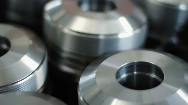 Closeup precision turned metal parts factory. Shiny grooved blanks stacked rows.