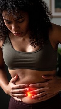 Close-up vertical portrait of female holding belly in pain suffering from menstrual cramps