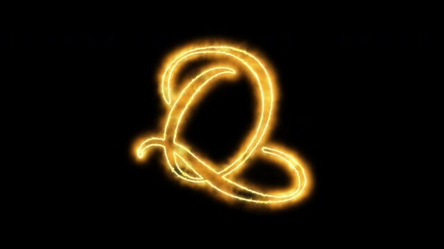 Glowing golden letter q neon sign animation, cursive calligraphy alphabet character with magical fire sparkle effect on black background