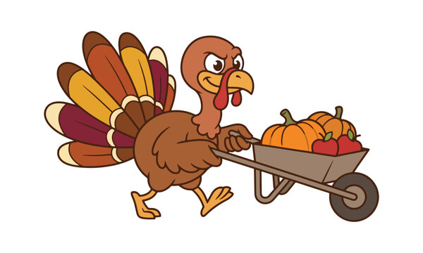 Cartoon turkey pushing a wheelbarrow full of pumpkins for a fall harvest scene
