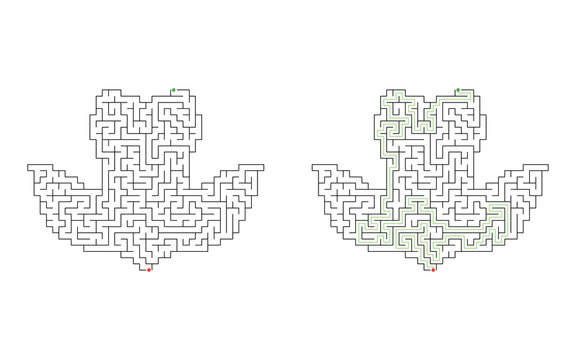 Tulip tree leaf shaped maze puzzle with green solution route connecting start and finish markers through black labyrinth on white background