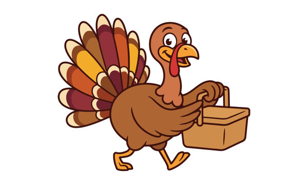 Cartoon turkey cheerfully carrying a brown cardboard box on a white background