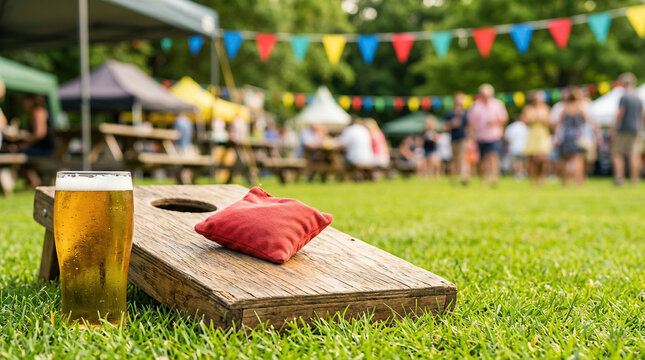 Glass of cold beer on cornhole board at outdoor festival. People relaxing in background with bunting flags in park. Summer recreation, leisure activity and fun social gathering event.