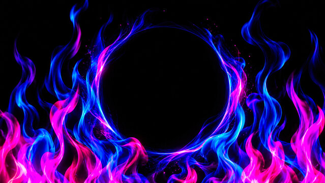 Bright colored flames in blue and pink swirl around a dark center with a black background