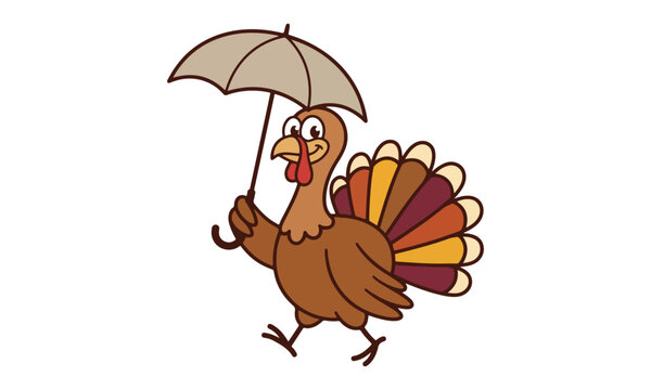 Cartoon turkey cheerfully walking with an umbrella in a playful illustration