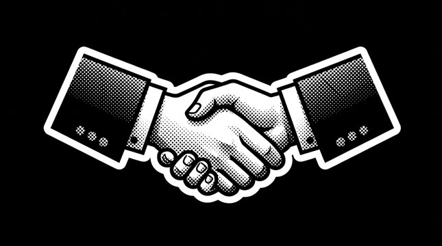 Illustration of a handshake between two people in business suits, depicted in a retro, halftone style.