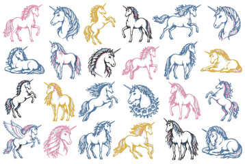 Fototapeta premium Unicorn Vector Art Compilation Featuring Colorful Mythical Creatures in Diverse Poses for Enchanting Designs