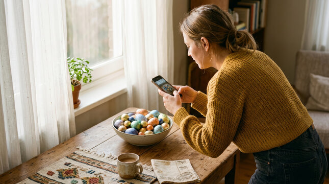 Woman taking photo of colorful Easter eggs on phone