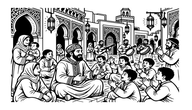 Traditional Indian Muslim Community Gathering Hand Drawn Line Art Illustration with Families, Religious Teacher, Islamic Architecture, Traditional Clothing and Shared Meal
