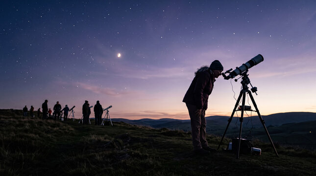 People stargazing with telescopes on a hill at dusk under a starry sky