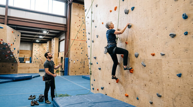 Senior woman climbs indoor rock wall with male belayer providing safety support