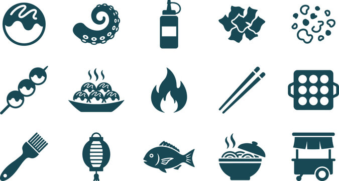 Set of takoyaki icons and japanese street food elements, vector illustration