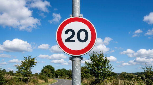 Rural Road With Twenty Speed Limit Sign And Blue Sky